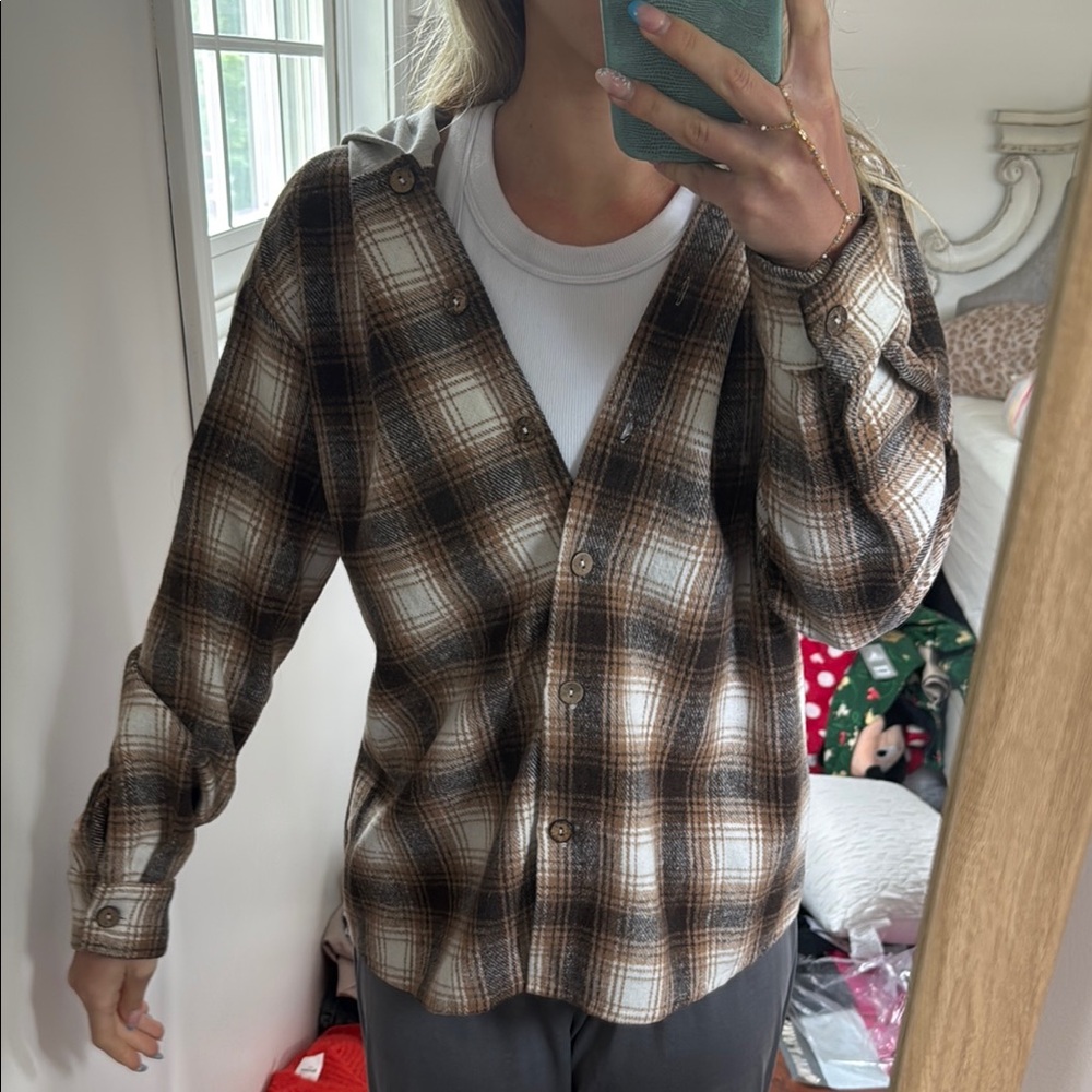 Brown Plaid Button-Up Shirt with hood